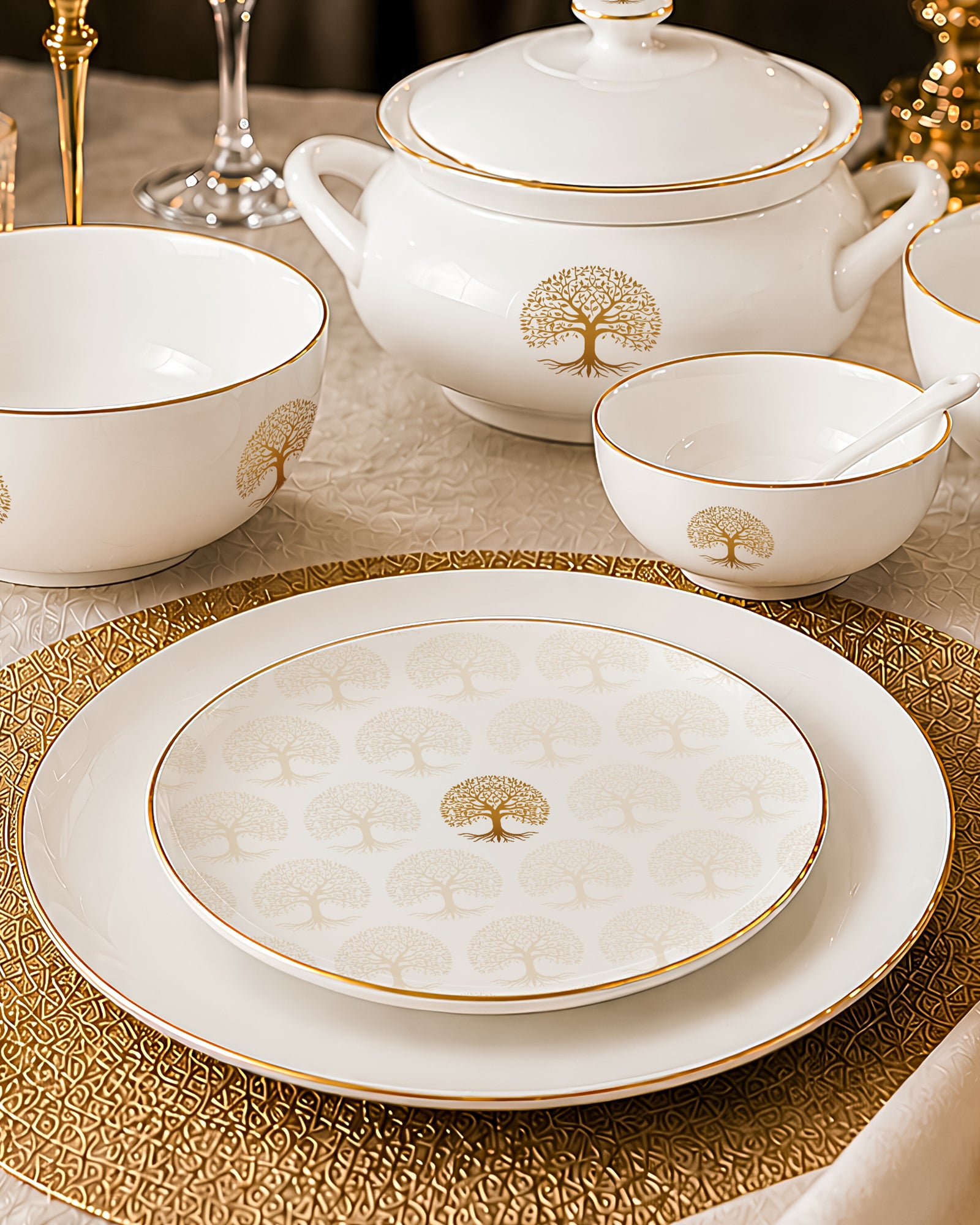 Tree of Life 35-Pc Dinner Set | Gold Botanical Legacy
