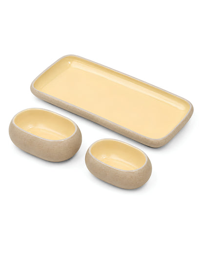 Earthen Soul Serve &amp; Share Set | Rectangle Platter with 2 Oval Bowls | Earth Porcelain