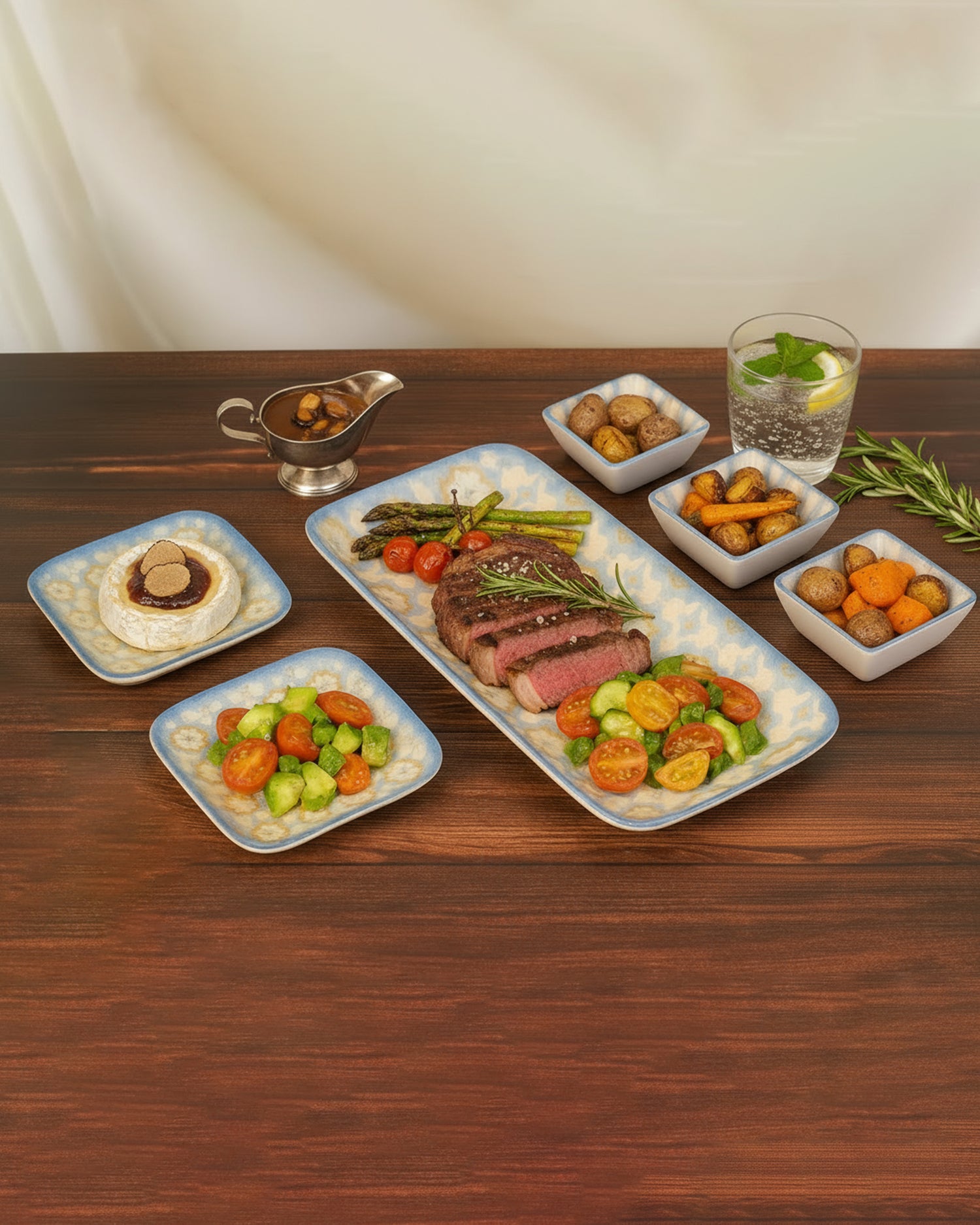 Pixel Collection Rectangle Charm with Dip Bowls – 6 Pc Porcelain Serving Set