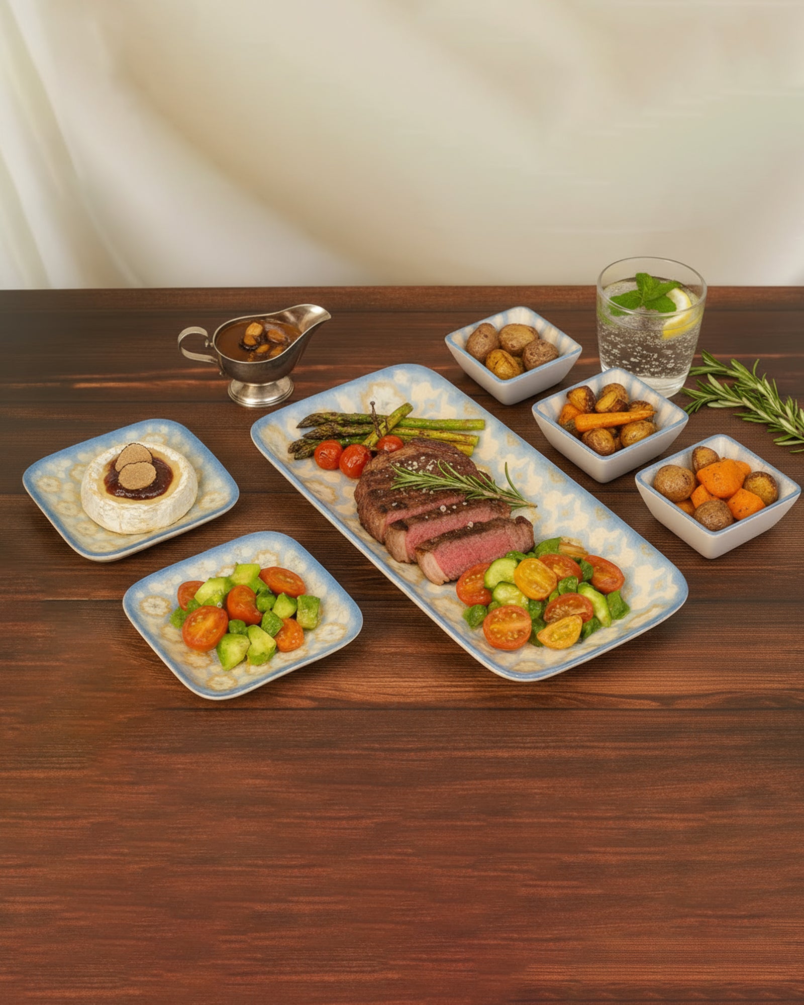 Pixel Collection Rectangle Charm with Dip Bowls – 6 Pc Porcelain Serving Set