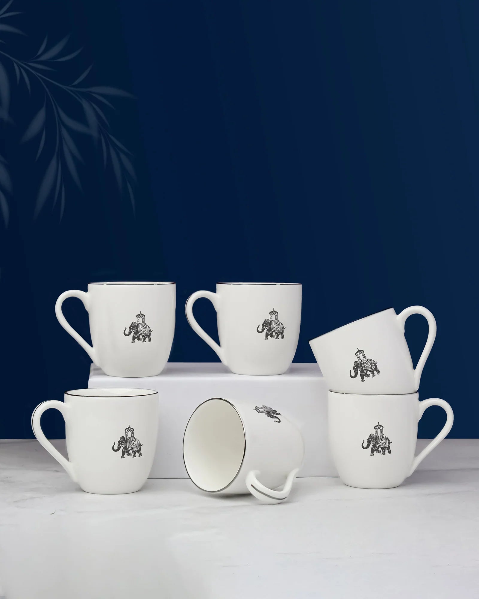 Gaj Mini Sip Cup Set of 6 – Fine Porcelain Cups with Elephant Motif - Vola Global