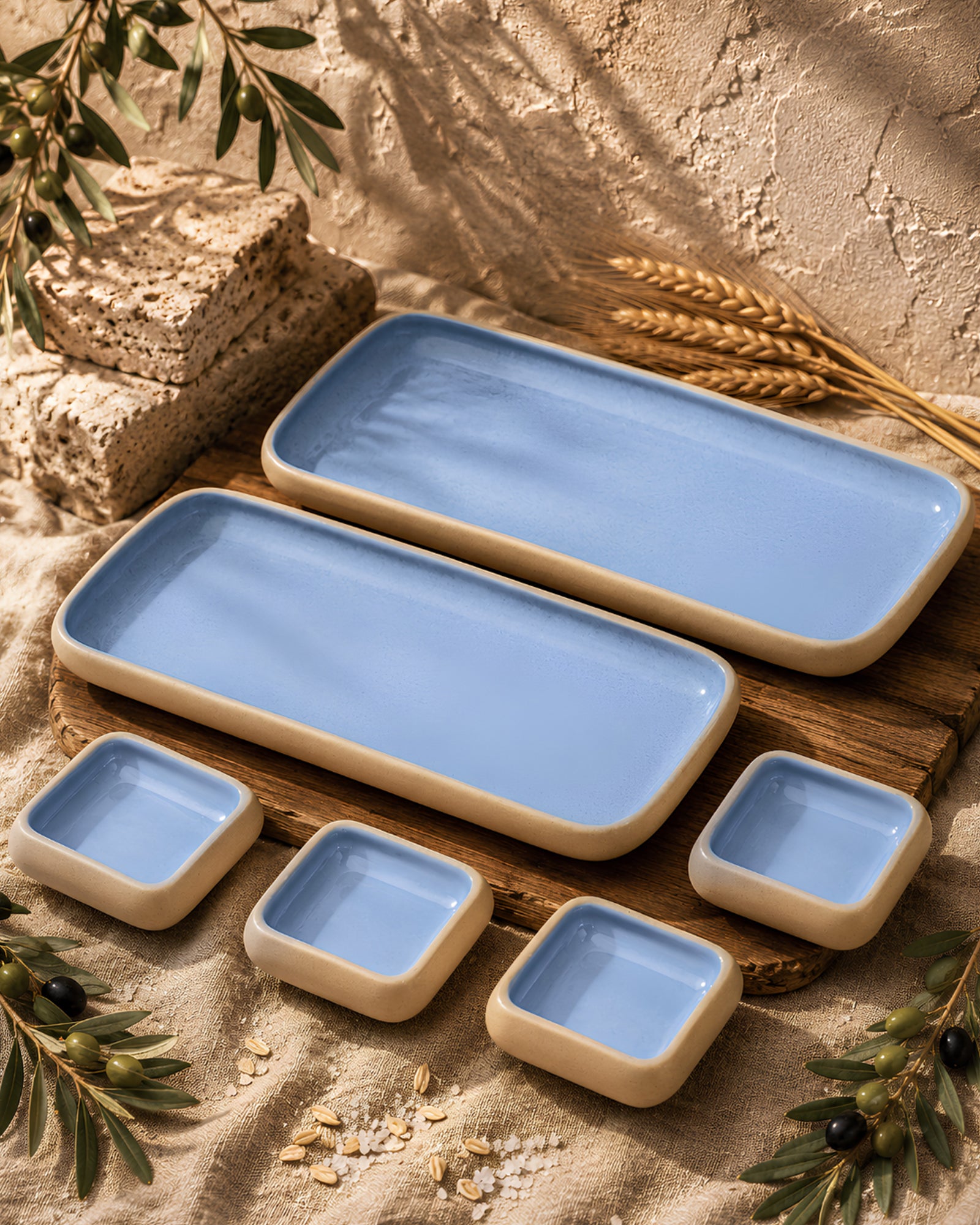 Earthen Soul Long Tray Set | 2 Rectangle Platters with 4 Square Dip Bowls | Earth Porcelain