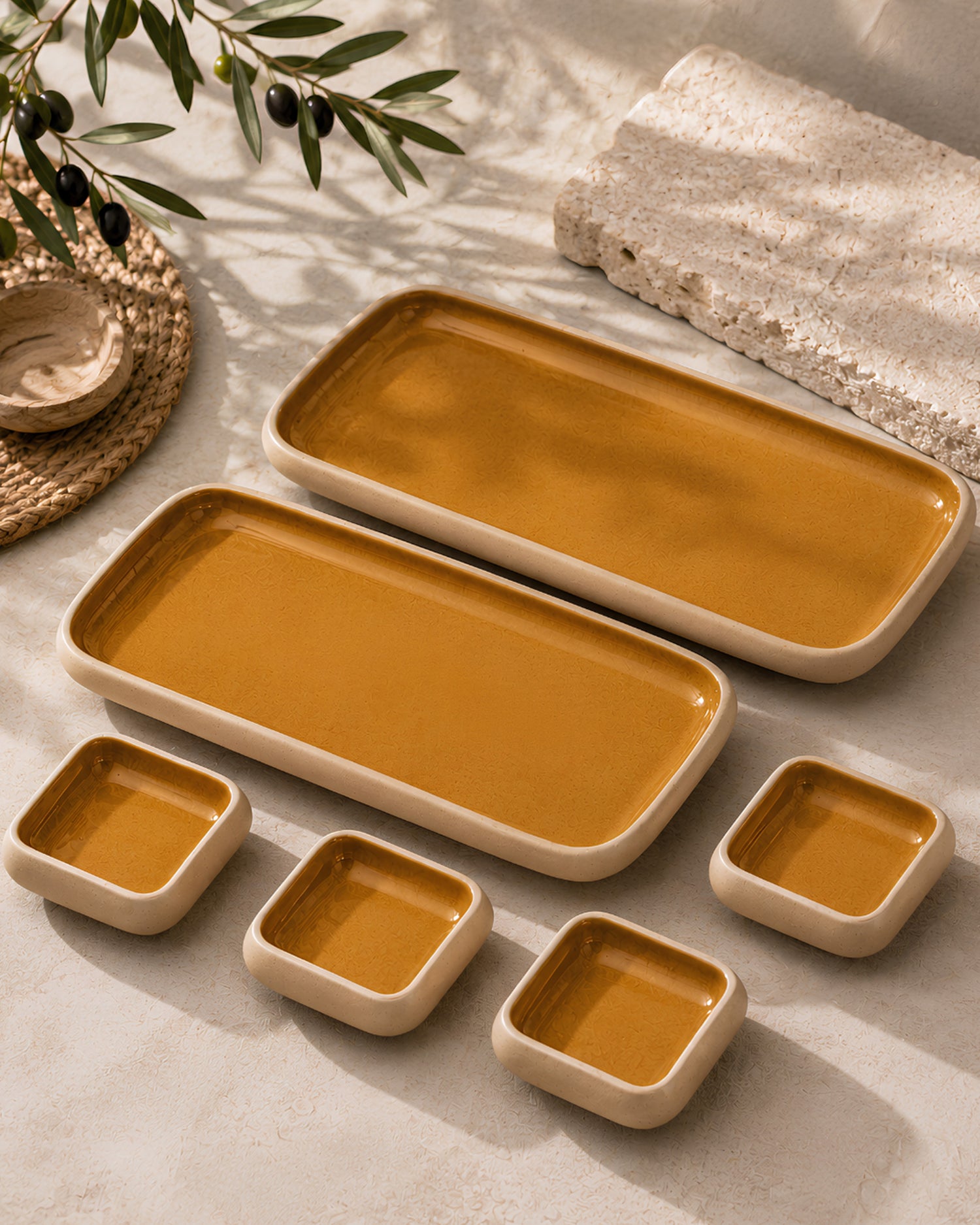Earthen Soul Long Tray Set | 2 Rectangle Platters with 4 Square Dip Bowls | Earth Porcelain