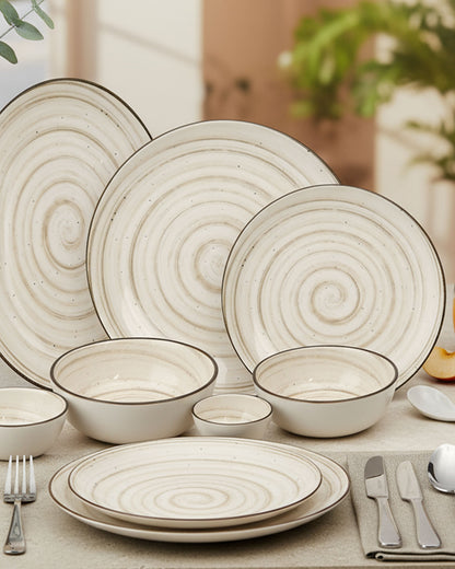 Pixel Collection Sova Fine Porcelain Dinnerware Set of 33 Pcs – Minimalist Spiral Beige Ceramic Tableware