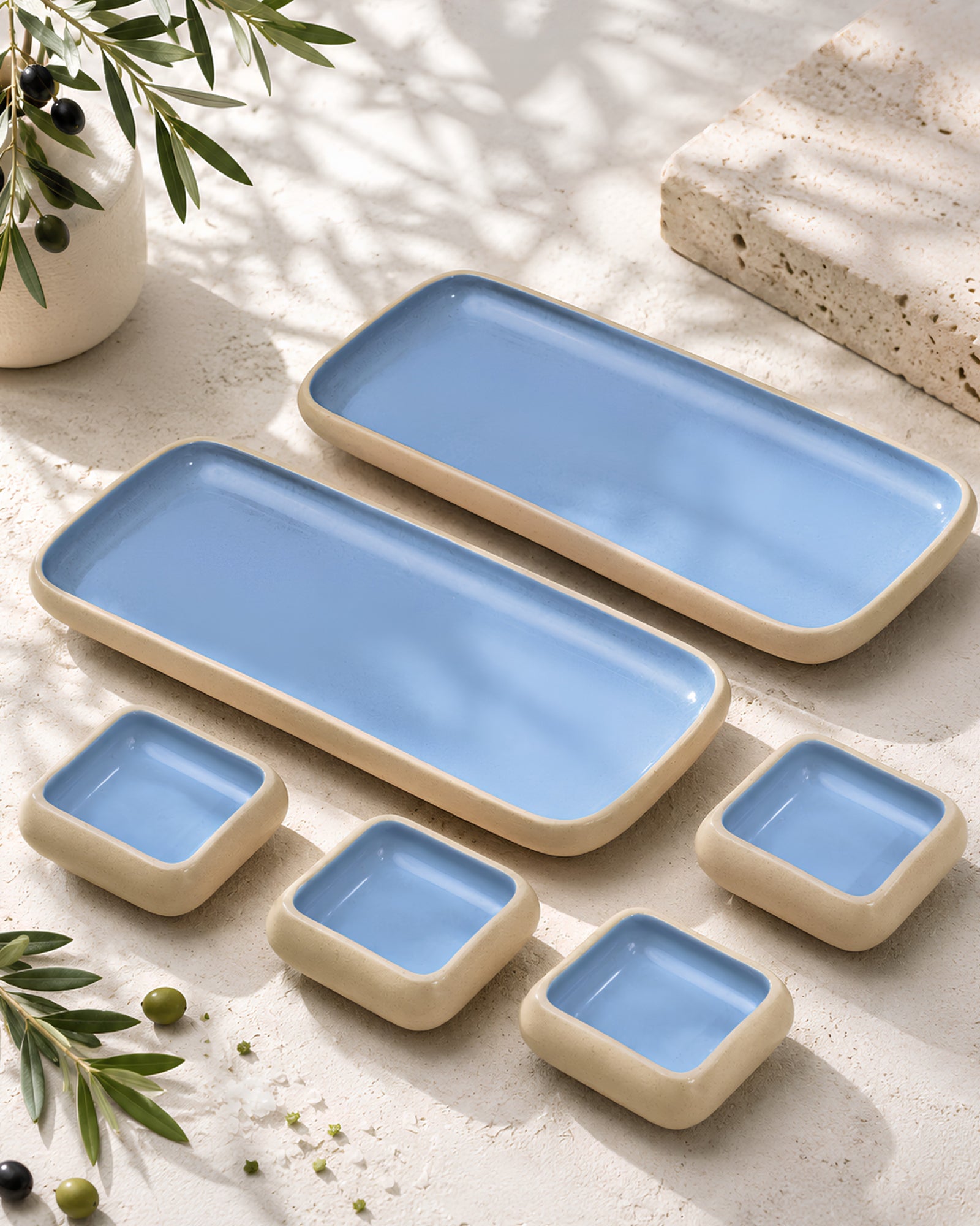 Earthen Soul Long Tray Set | 2 Rectangle Platters with 4 Square Dip Bowls | Earth Porcelain