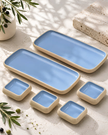 Earthen Soul Long Tray Set | 2 Rectangle Platters with 4 Square Dip Bowls | Earth Porcelain