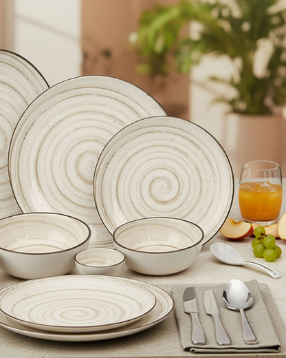 Pixel Collection Sova Fine Porcelain Dinnerware Set of 33 Pcs – Minimalist Spiral Beige Ceramic Tableware