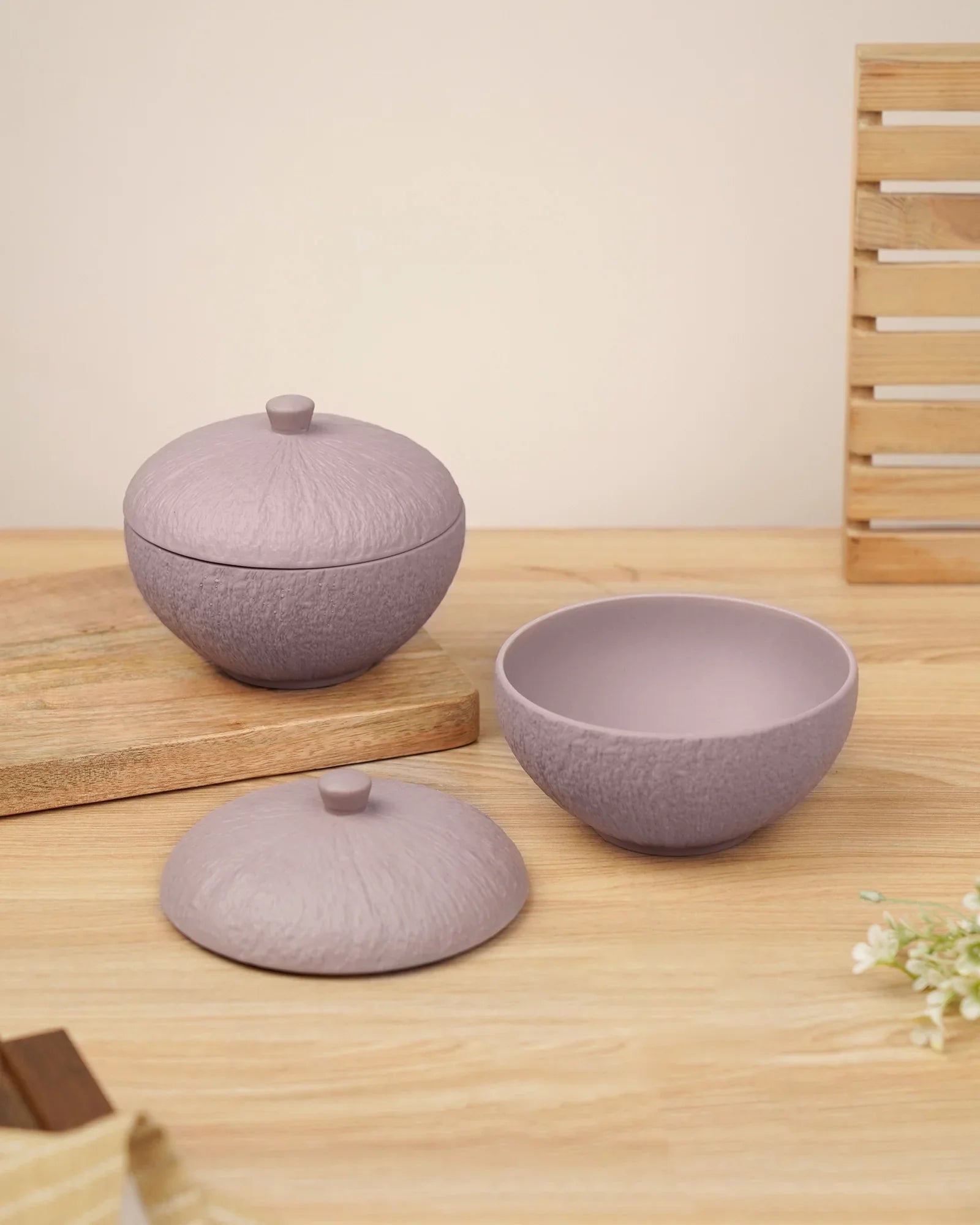 Premium lavender textured porcelain bowls with lids on wooden table, Vola Global crockery