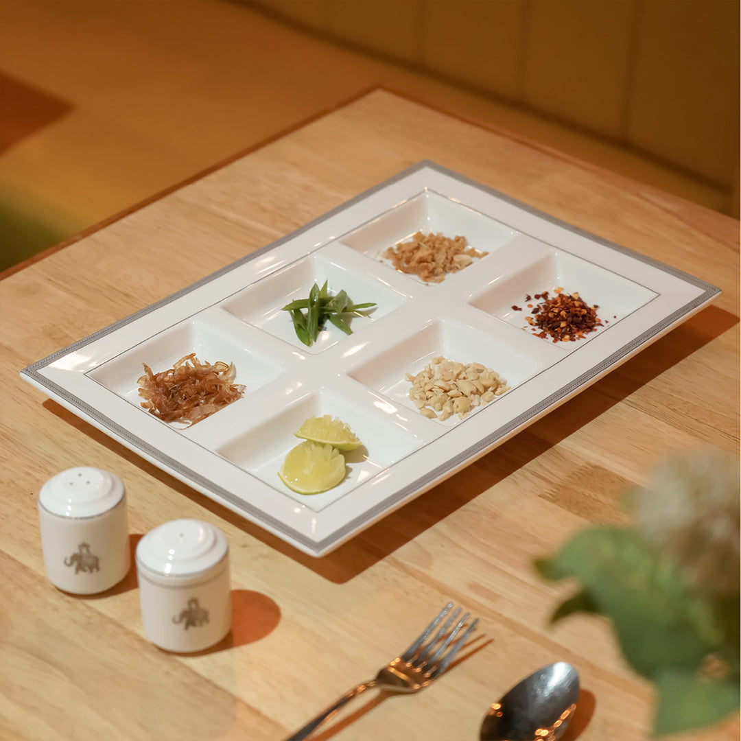 Vola Gaj Six Grid Platter – 1 Pc Porcelain Serving Tray | 6 Compartments | Platinum Detailing | Elephant Motif | Ideal for Snacks &amp; Appetisers
