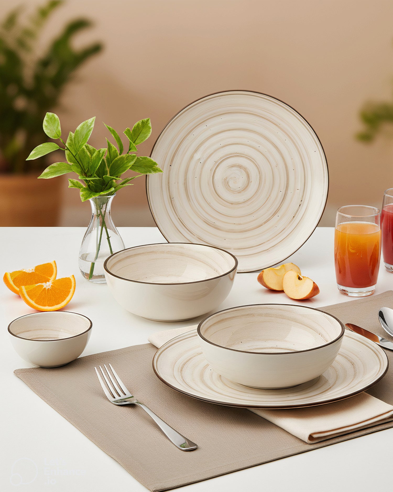 Pixel Collection Sova Fine Porcelain Dinnerware Set of 20 Pcs – Minimalist Spiral Beige Ceramic Tableware