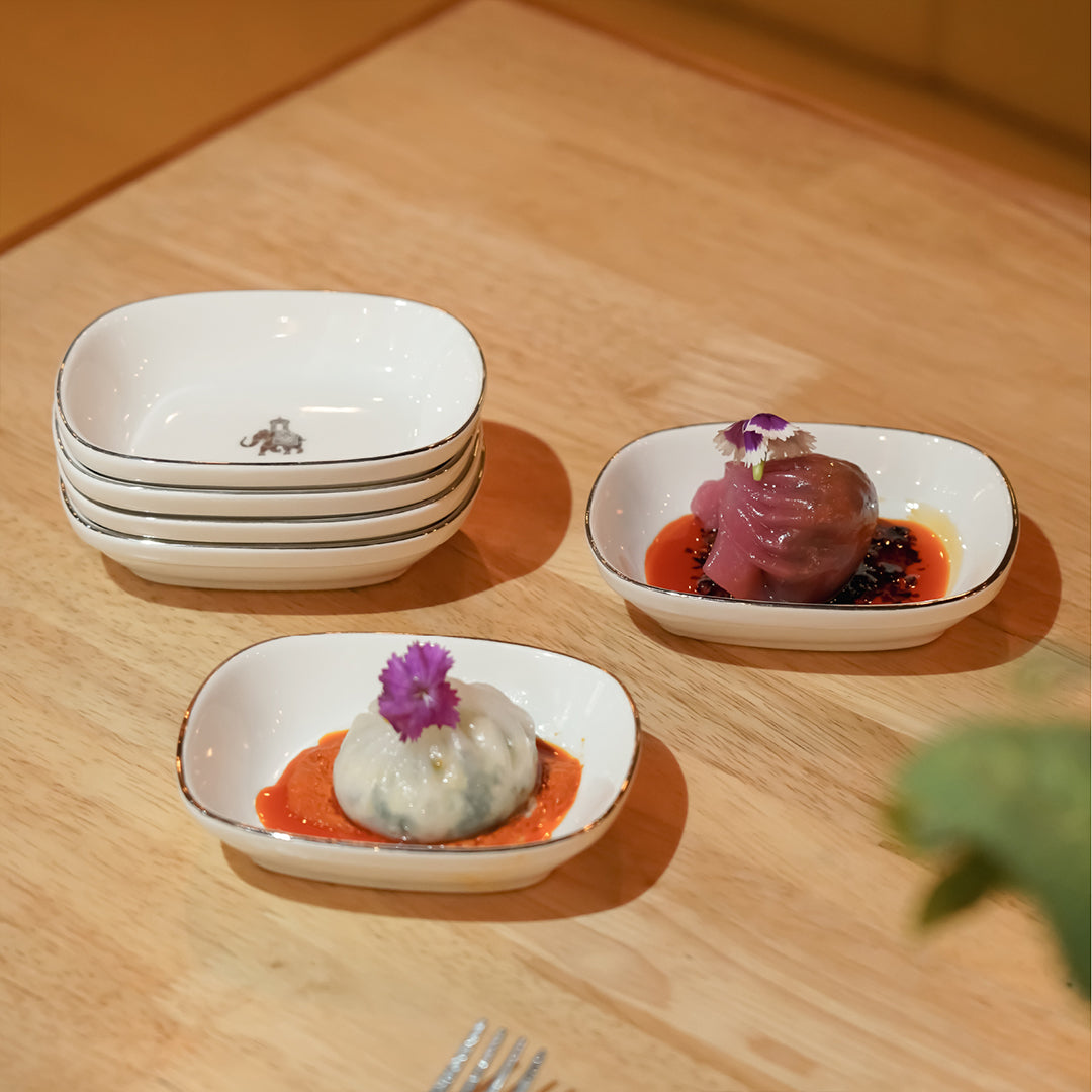Gaj Rectangle Serving Bowls – Small | Set of 6 Porcelain Bowls with Platinum Rim &amp; Elephant Motif