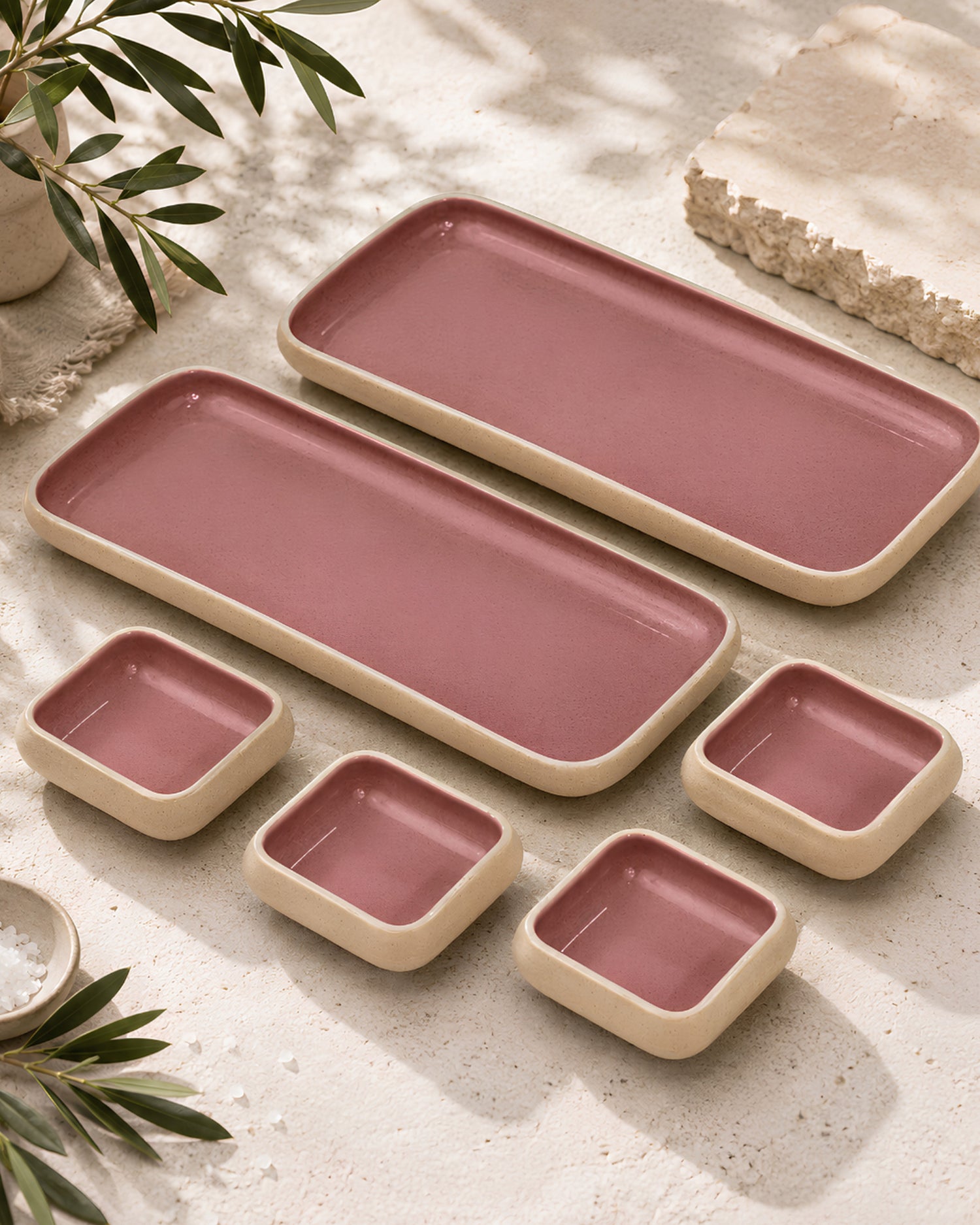 Earthen Soul Long Tray Set | 2 Rectangle Platters with 4 Square Dip Bowls | Earth Porcelain