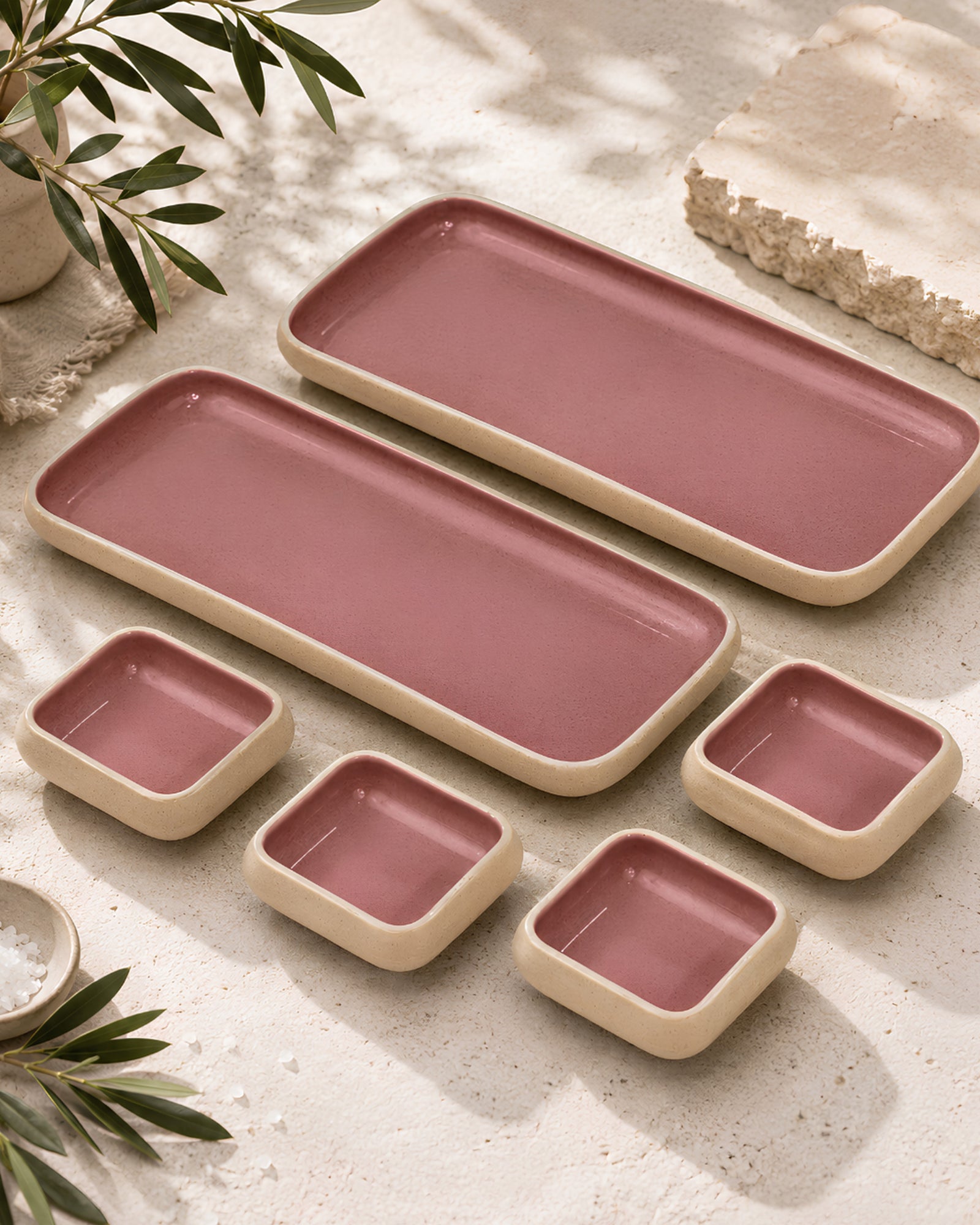 Earthen Soul Long Tray Set | 2 Rectangle Platters with 4 Square Dip Bowls | Earth Porcelain