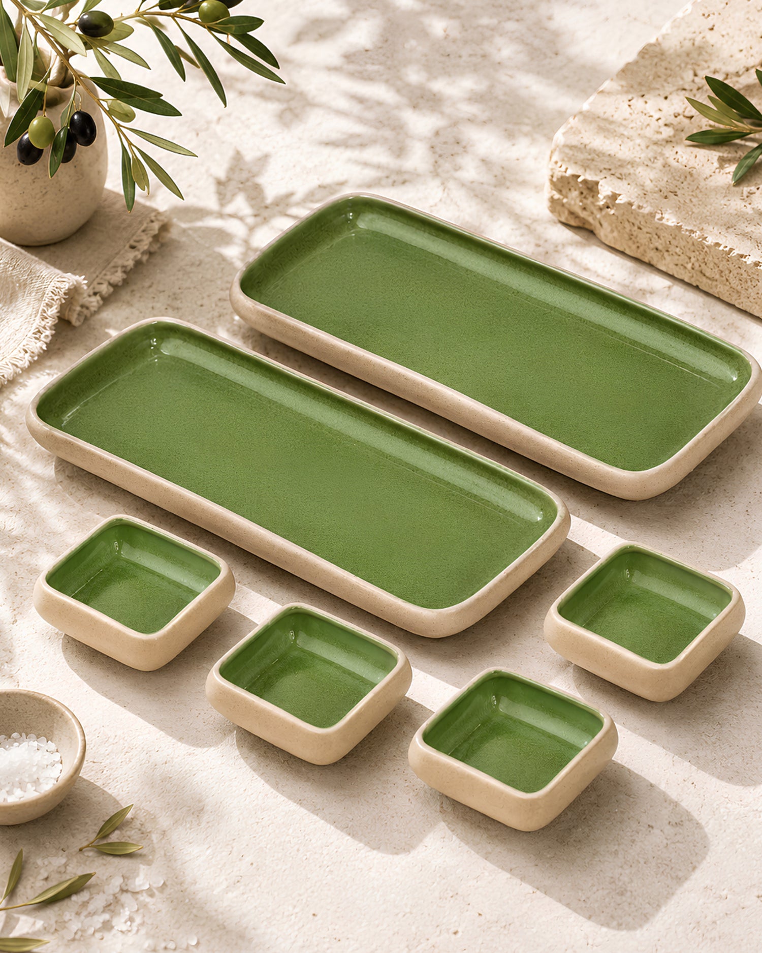 Earthen Soul Long Tray Set | 2 Rectangle Platters with 4 Square Dip Bowls | Earth Porcelain
