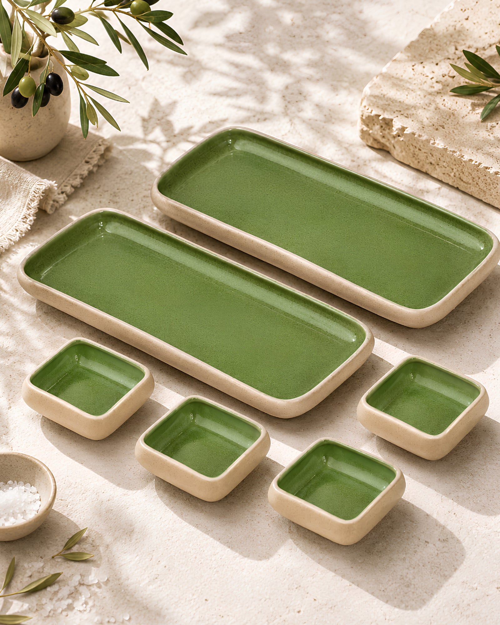 Earthen Soul Long Tray Set | 2 Rectangle Platters with 4 Square Dip Bowls | Earth Porcelain