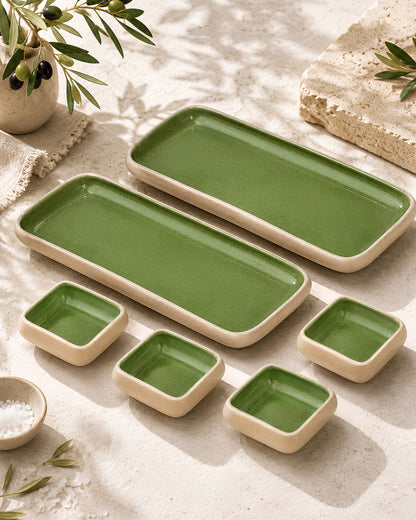 Earthen Soul Long Tray Set | 2 Rectangle Platters with 4 Square Dip Bowls | Earth Porcelain
