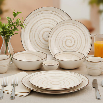 Pixel Collection Sova Fine Porcelain Dinnerware Set of 20 Pcs – Minimalist Spiral Beige Ceramic Tableware