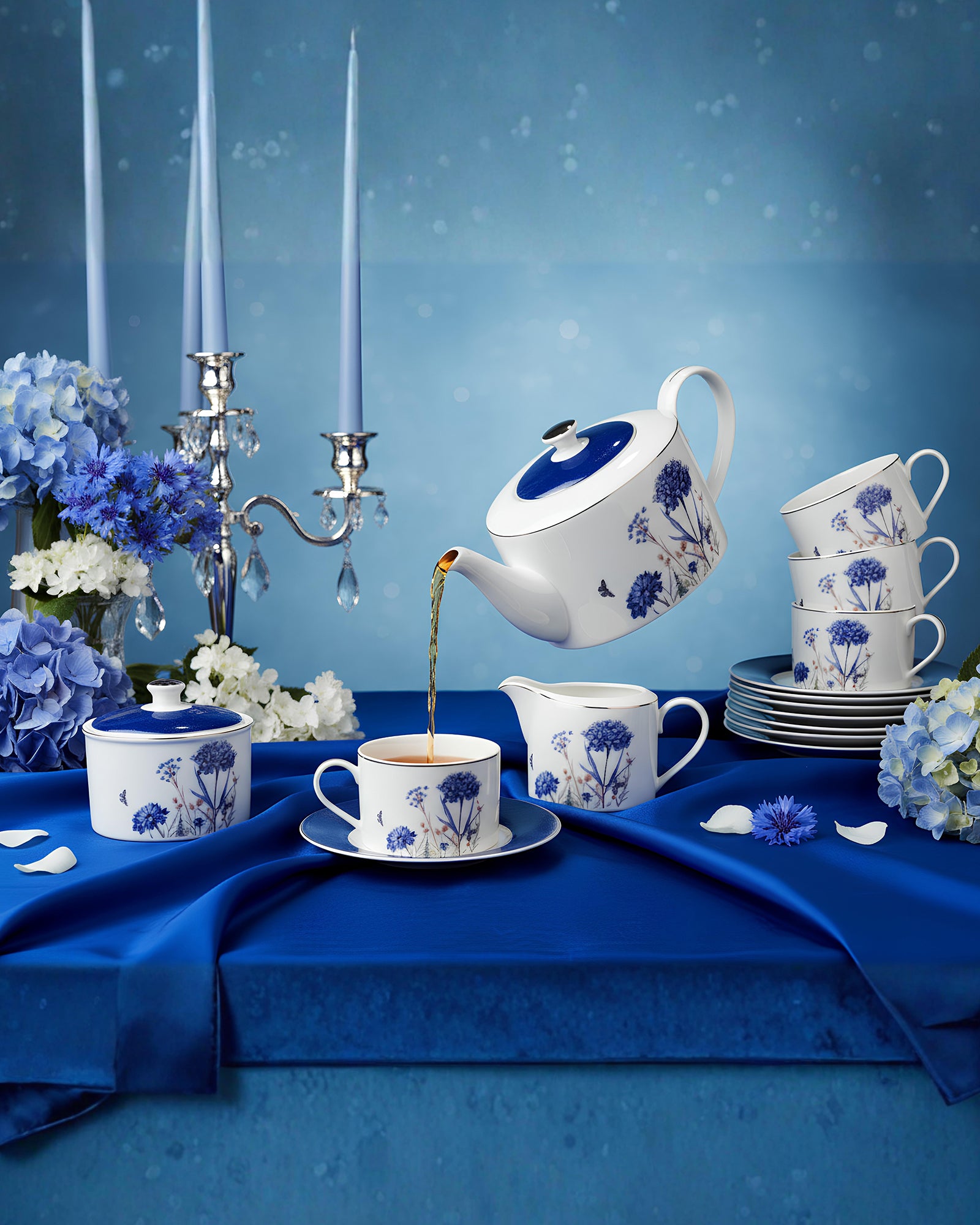 Vola Jardin Blue 17-Pc Tea Set | 24K Gold Legacy Edition