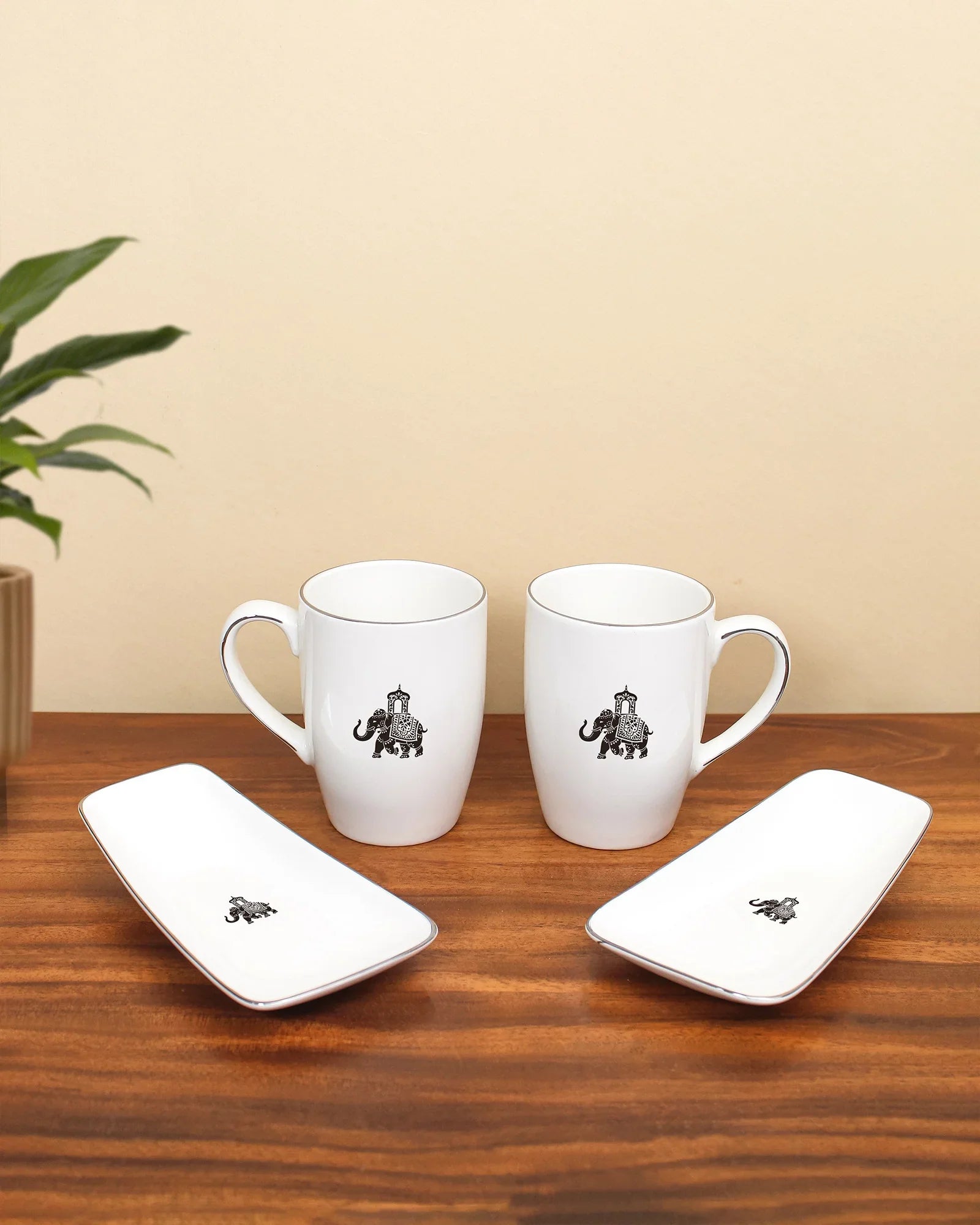 Gaj Luxury Gift Set – 2 Fine Porcelain Mugs &amp; 2 Cookie Plates, Fine Platinum Rim - Vola Global
