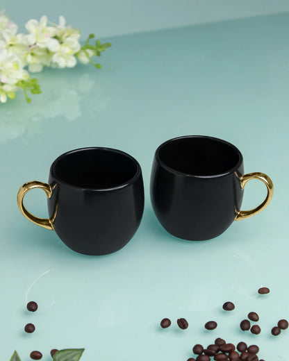 BLACK / Set of 2 * 220ml || Bloom luxurious Tea Mug | Golden handle