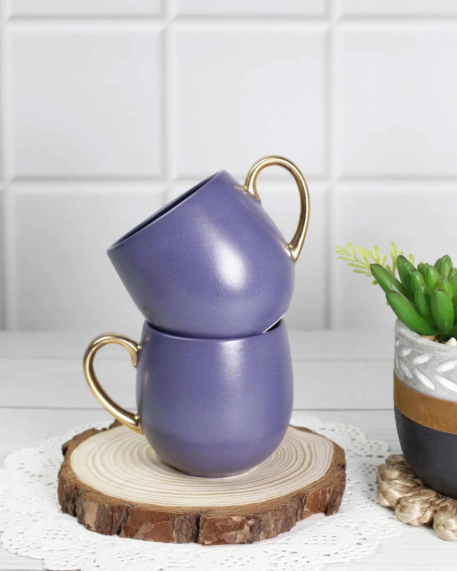 OPAQUE BLUE / Set of 2 * 180ml || Bloom luxurious Tea Mug | Golden handle