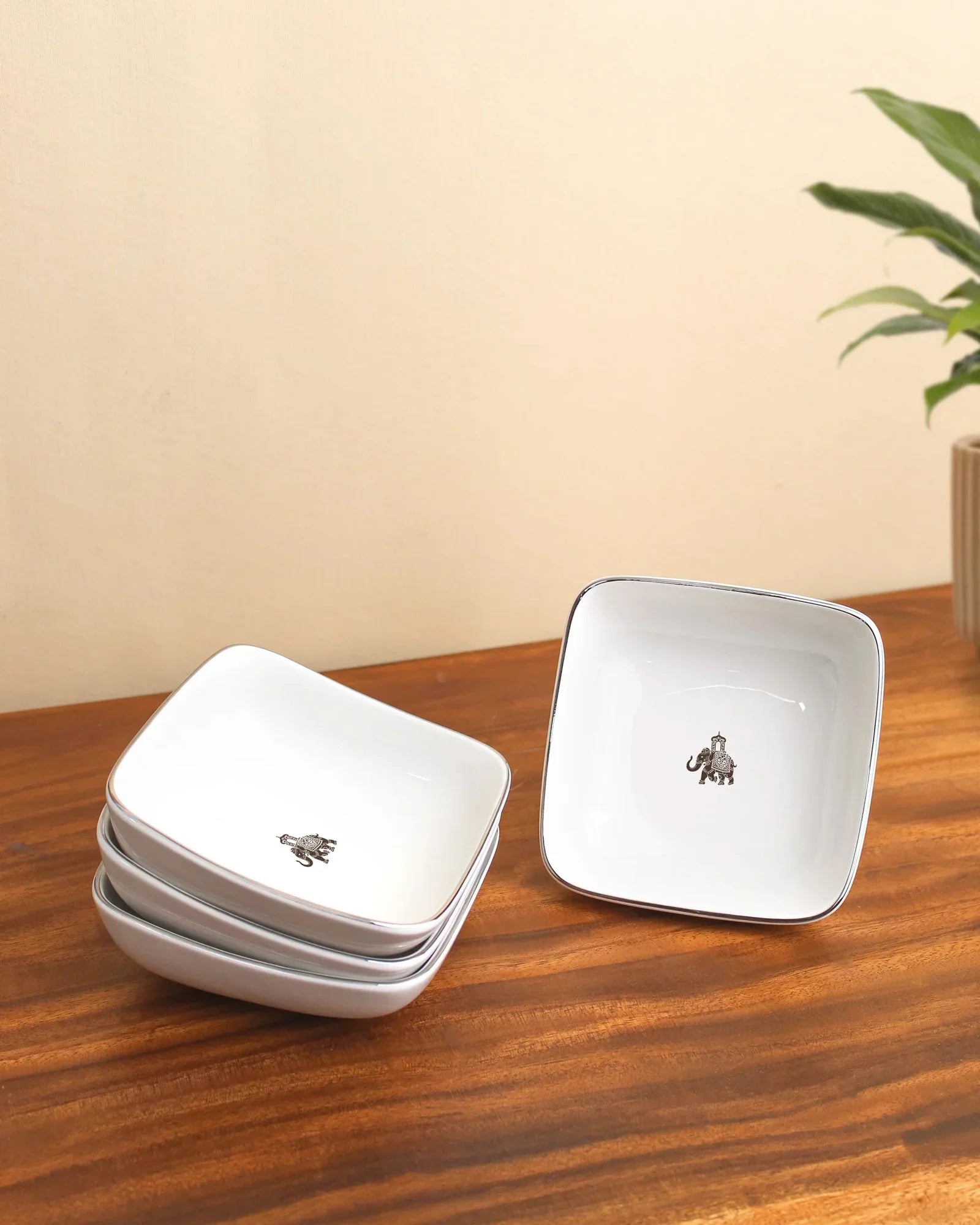 Gaj Fine Porcelain Curved Square Bowl Set of 4 – Platinum Rim with Elephant Motif - Vola Global