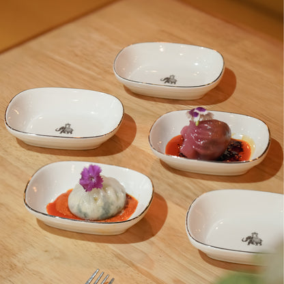 Gaj Rectangle Serving Bowls – Small | Set of 6 Porcelain Bowls with Platinum Rim &amp; Elephant Motif