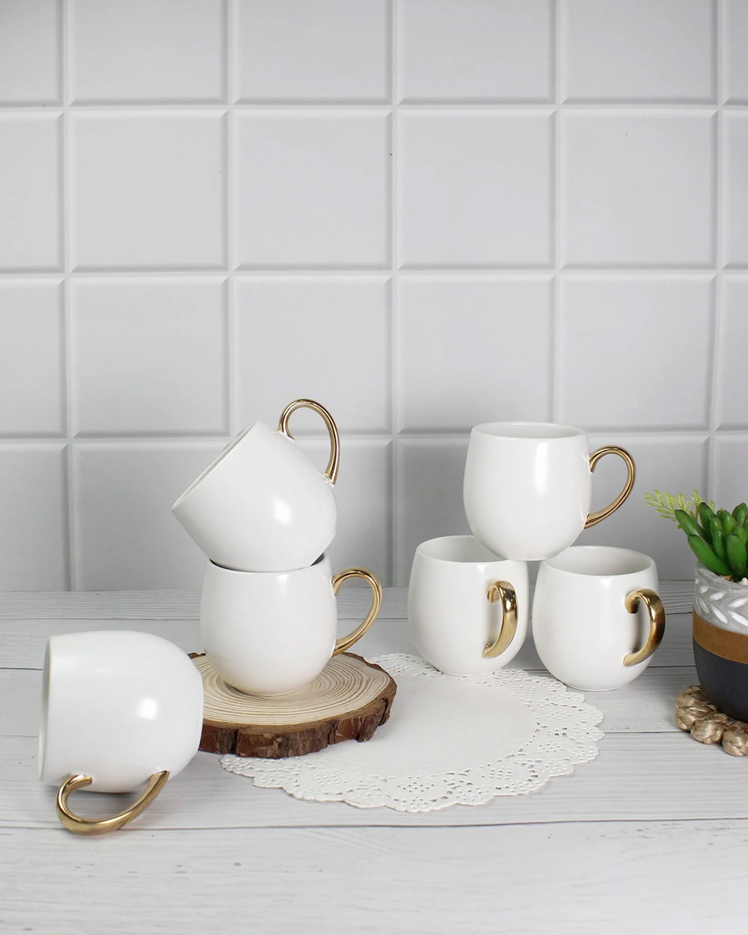 WHITE / Set of 6 * 180ml || Bloom luxurious Tea Mug | Golden handle