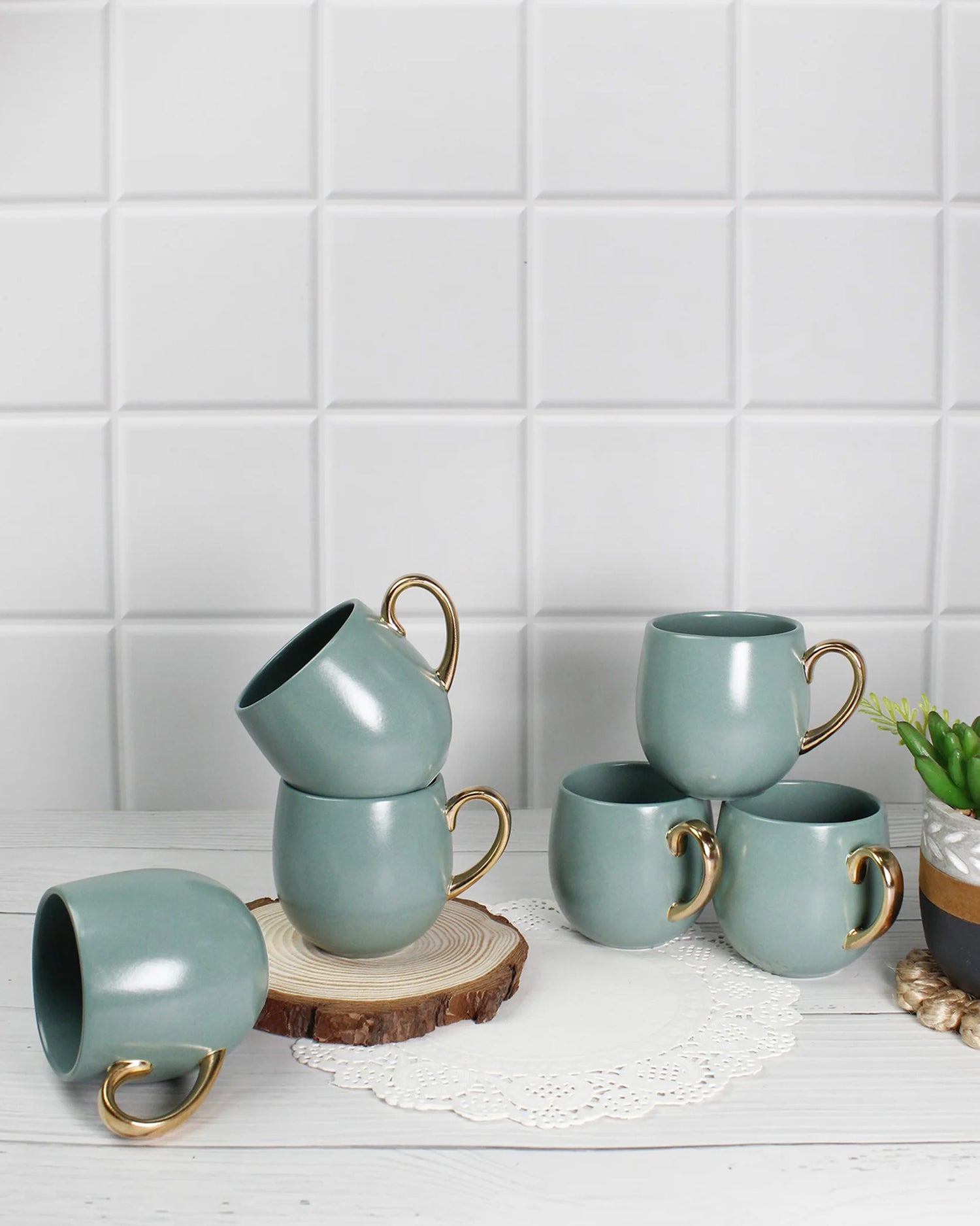 VIRIDIAN GREEN / Set of 6 * 180ml || Bloom luxurious Tea Mug | Golden handle