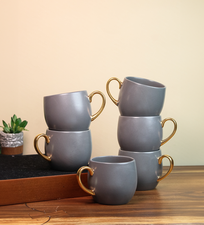 PEBBLE GREY / Set of 6 * 220ml || Bloom luxurious Tea Mug | Golden handle