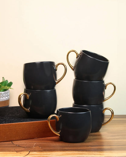 BLACK / Set of 6 * 220ml || Bloom luxurious Tea Mug | Golden handle