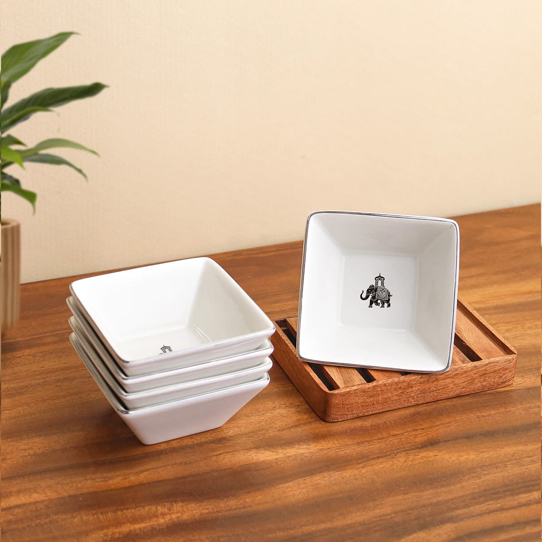 Platnium || Vola Gaj Exquisite Edge Bowls – Set of 6 | Porcelain Bowls with Elephant Motif | Lead-Free | 100% Food Safe