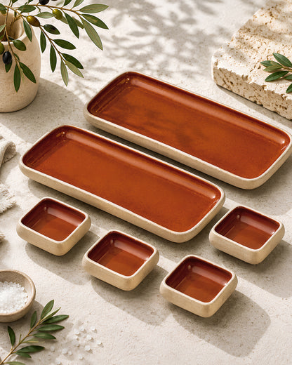 Earthen Soul Long Tray Set | 2 Rectangle Platters with 4 Square Dip Bowls | Earth Porcelain
