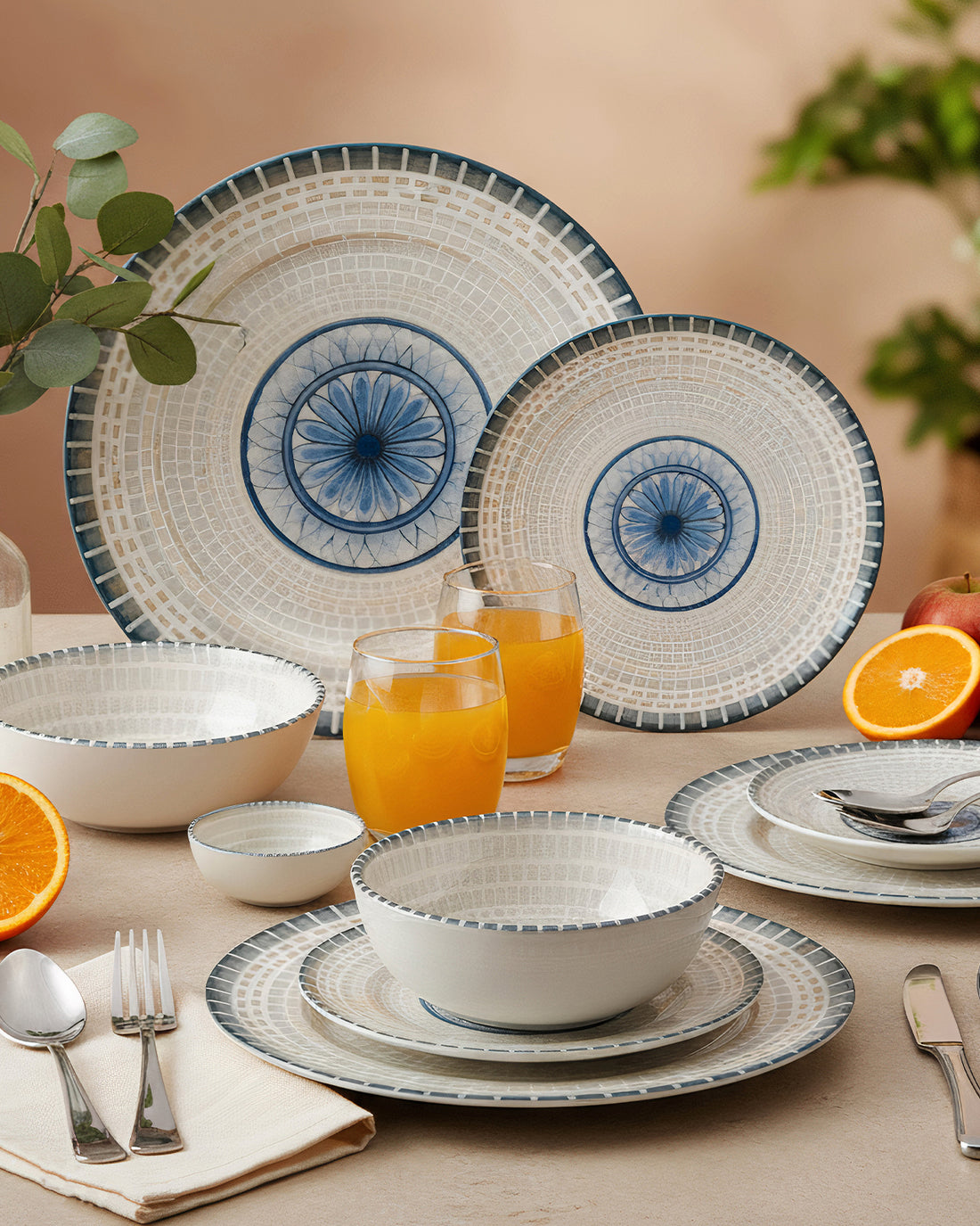 Pixel Collection Sora Fine Porcelain Dinnerware Set of 20 Pcs – Elegant Blue Mosaic Ceramic Tableware