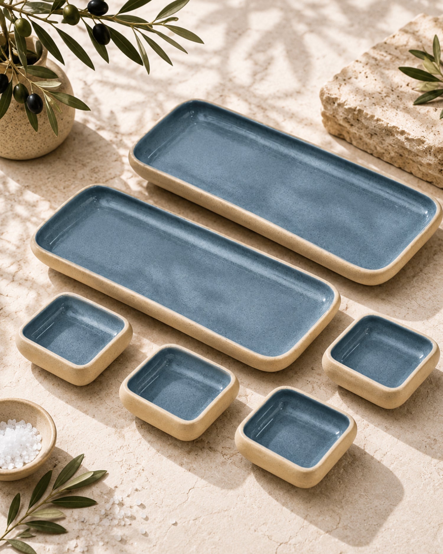 Earthen Soul Long Tray Set | 2 Rectangle Platters with 4 Square Dip Bowls | Earth Porcelain