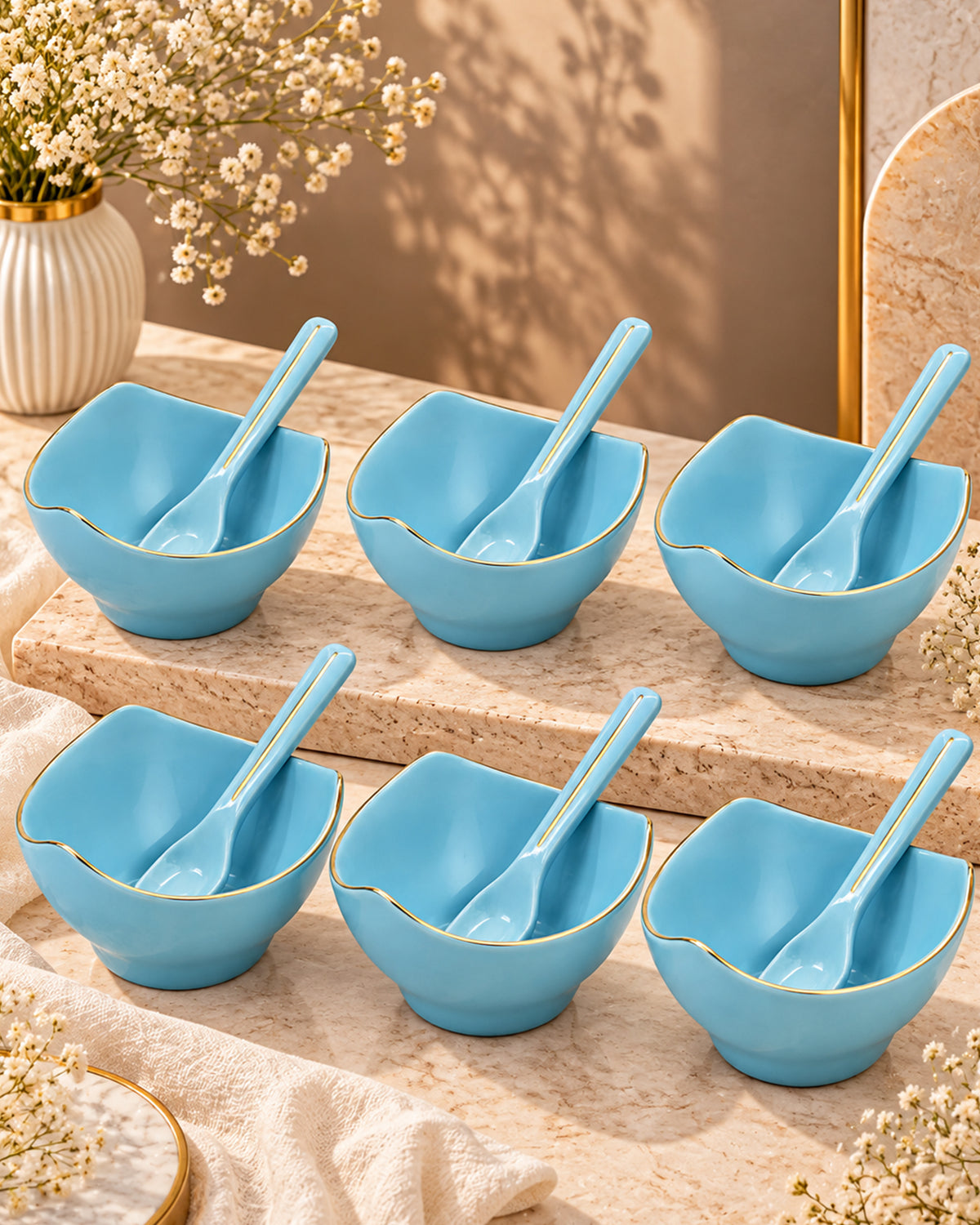 Bloom Vegas Fine Porcelain Dessert Set with Gold Detailing - Set of 6