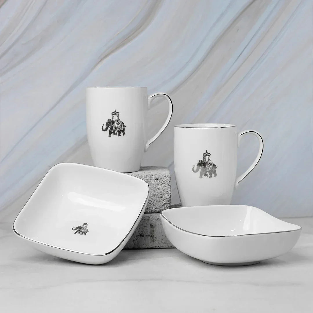 Gaj Mug &amp; Bowl Set – 2 Fine Porcelain Mugs + 2 Curved Square Bowls with Elephant Motif - Vola Global