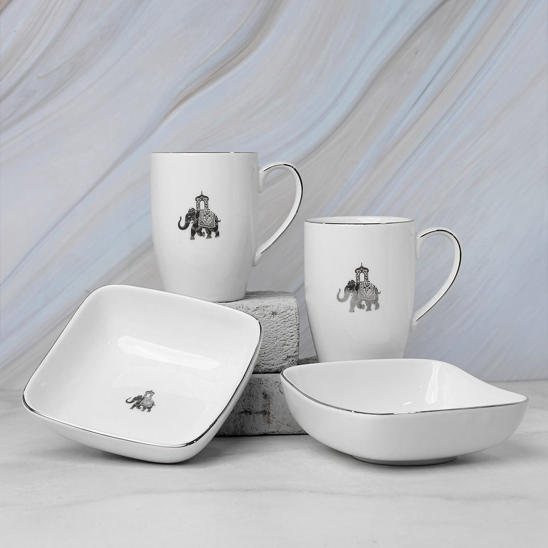 Platnium || Gaj Mug &amp; Bowl Set – 2 Coffee Mugs + 2 Curve-Shaped Square Bowls | Porcelain | Elephant Motif