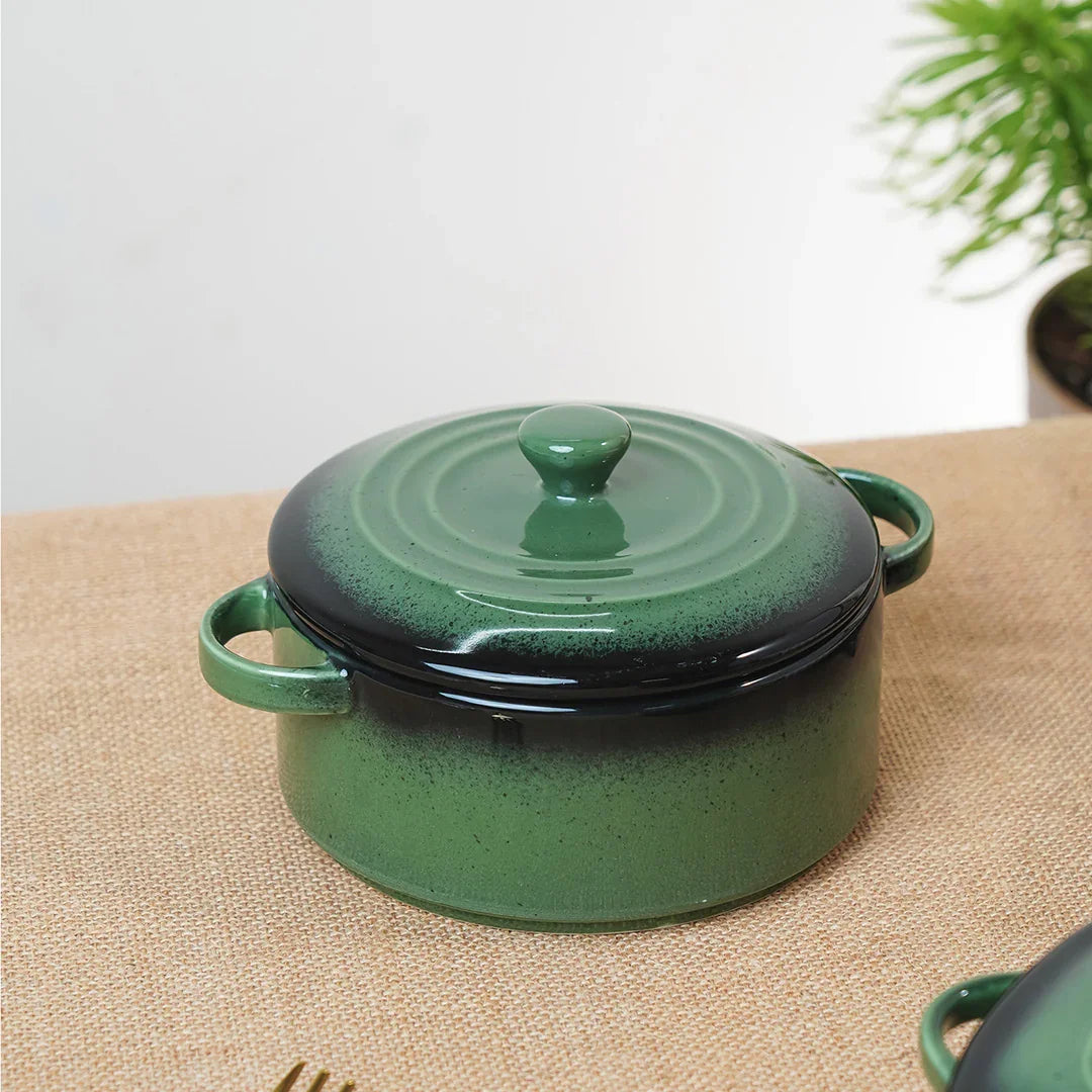 Prisma Fine Porcelain Round Casserole Set with Lids (10 cm, 12 cm &amp; 14 cm) – Olive Green Cook &amp; Serve - Vola Global