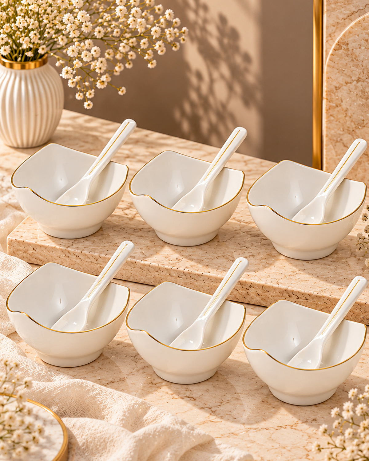 Bloom Vegas Fine Porcelain Dessert Set with Gold Detailing - Set of 6