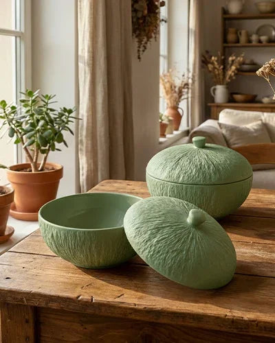 Green porcelain crockery bowls with textured lids on wooden table, Vola Global home decor