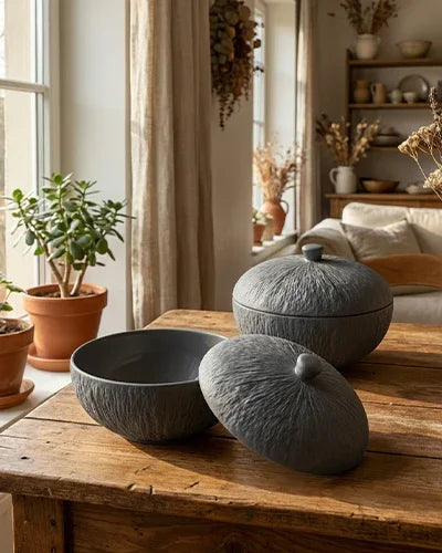 Premium textured porcelain bowls with lids by Vola Global on rustic wooden table in sunlit home.