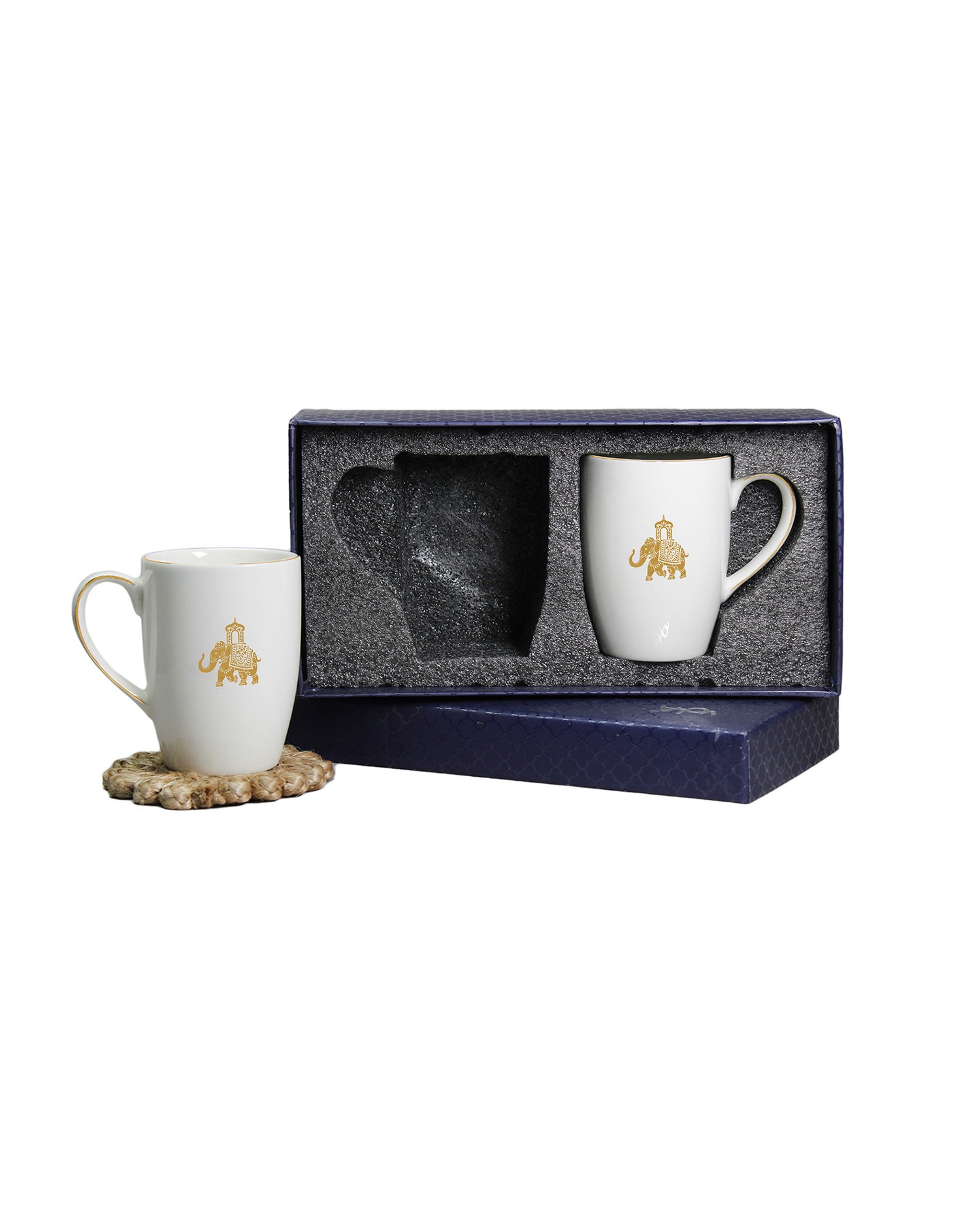Gold || Vola Gaj Mugs Set of 2 | 230 ml Porcelain Coffee Mugs with Elephant Design