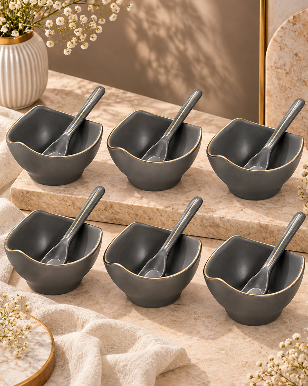 Bloom Vegas Fine Porcelain Dessert Set with Gold Detailing - Set of 6