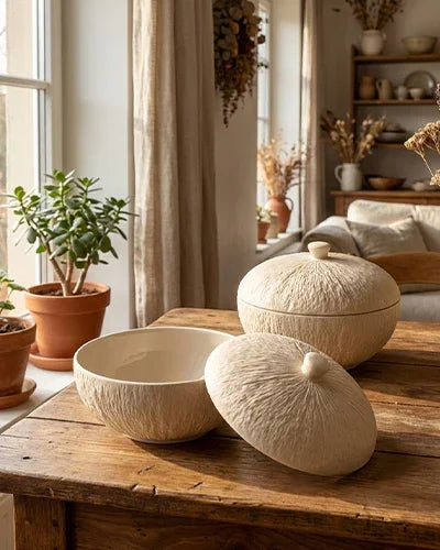 Elegant Vola Global textured porcelain bowls with lids on rustic wooden table, cozy sunlit room