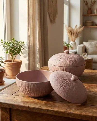Premium pink textured porcelain crockery bowls with lids on rustic wooden table, Vola Global