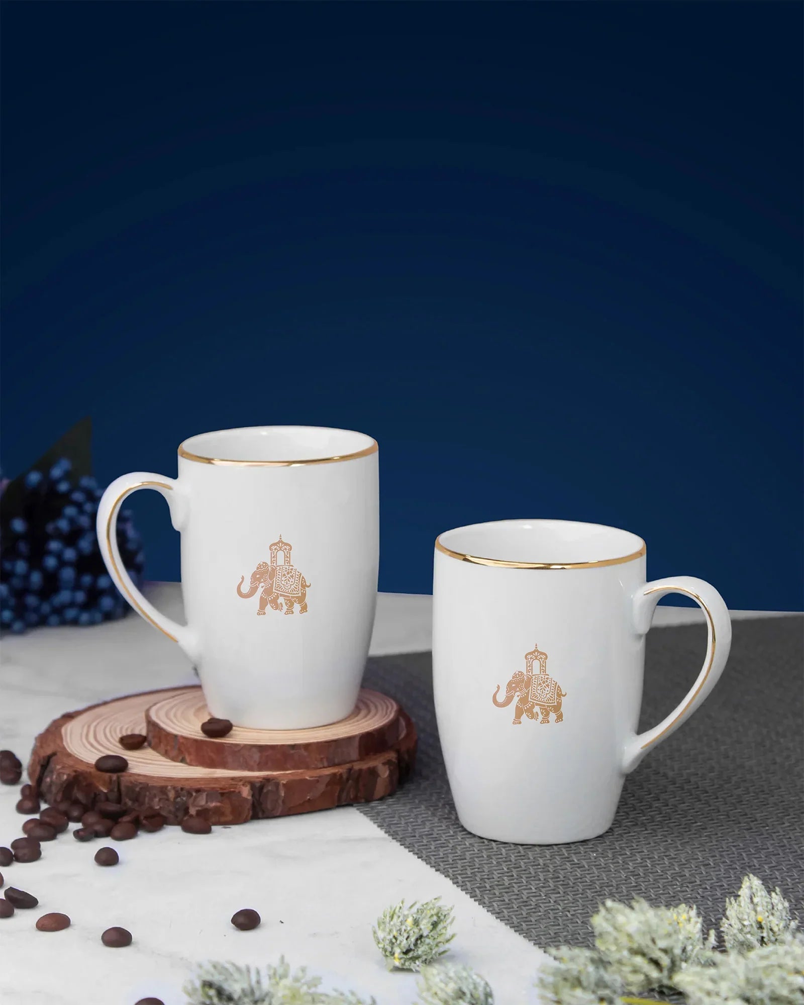 Gaj Mugs Set of 2 – 230 ml Fine Porcelain Coffee Mugs with Elephant Design - Vola Global