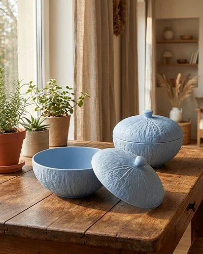 Premium blue porcelain bowls with lids on wooden table, Vola Global crockery, home decor