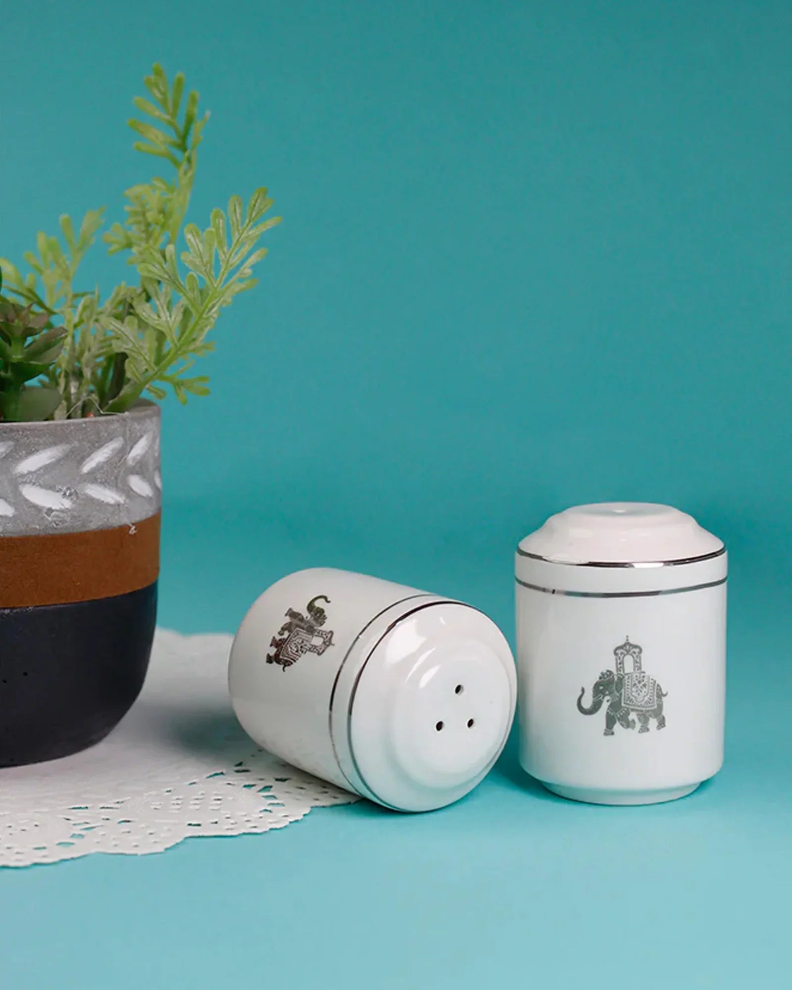 Gaj Salt &amp; Pepper Shakers – Fine Porcelain with Platinum Detailing, Elephant Motif - Vola Global