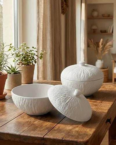 Premium white porcelain bowls with lids on rustic wooden table, Vola Global home crockery